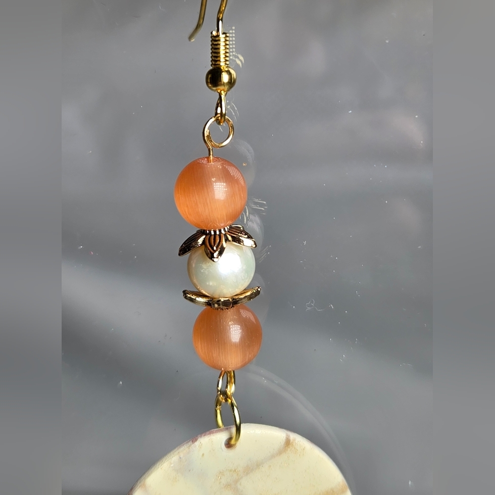 #B263- Handmade Cream and Cinnamon Arch Earrings with Pearls - Picture 3 of 5